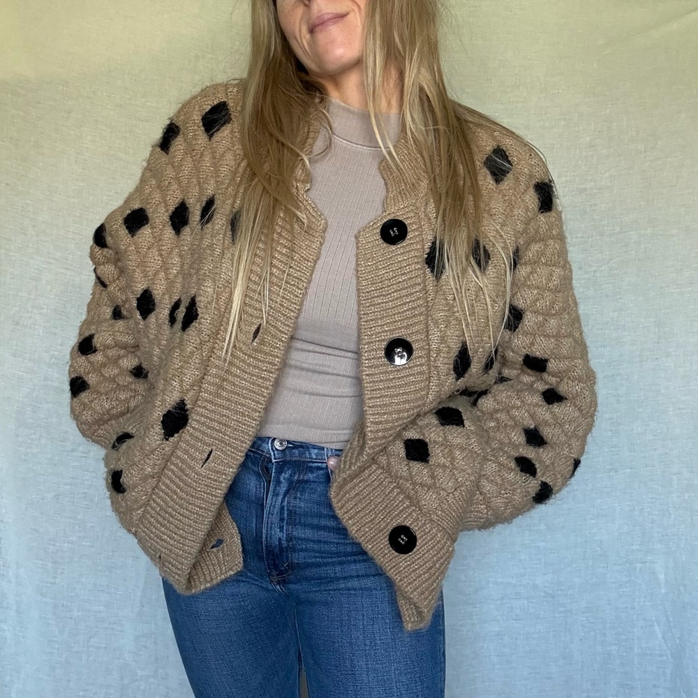 Zara ZIPPERED KNIT BOMBER Cardigan with Black Diamond Pattern Size S